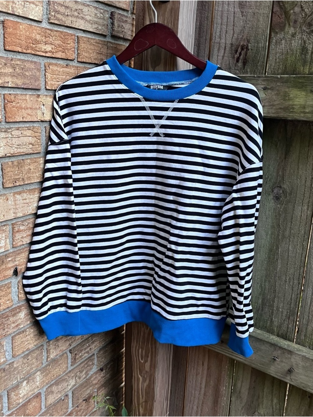 Striped Black & White Crewneck Sweatshirt with Blue Trim